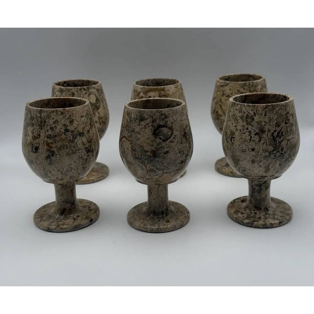 Vintage Fossil Stone Marble Goblets Set of 6 Wine Cups Natural Stone 5